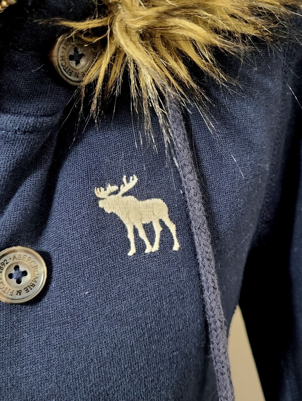 Vintage Abercrombie ♡ Y2K ♡ Navy Blue Plaid Lining Hoodie Faux Fur Hood Trim - Picture 7 of 9